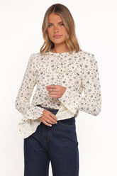 Eira Textured Ruffle Top - Cream Blue Floral