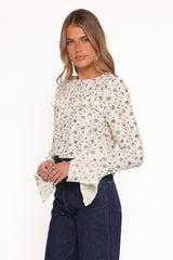 Eira Textured Ruffle Top - Cream Blue Floral