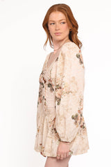 Greta Long Sleeve Romper - Beige Floral