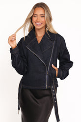 Mira Denim Moto Jacket - Dark Indigo