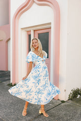 Petal and Pup USA DRESSES Dominique Midi Dress - Blue Floral Print