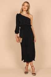 Petal and Pup USA DRESSES Pontee One Shoulder Pleated Midi Dress - Black
