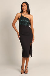 Petal and Pup USA DRESSES Xayne One Shoulder Sequin Midi Dress - Black/Emerald