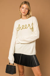 Petal and Pup USA Knitwear Poppy Cursive Cheer Knit Sweater - White