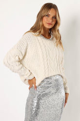 Petal and Pup USA KNITWEAR Ryleigh Jewel Embellished Crewneck Knit Sweater - Cream