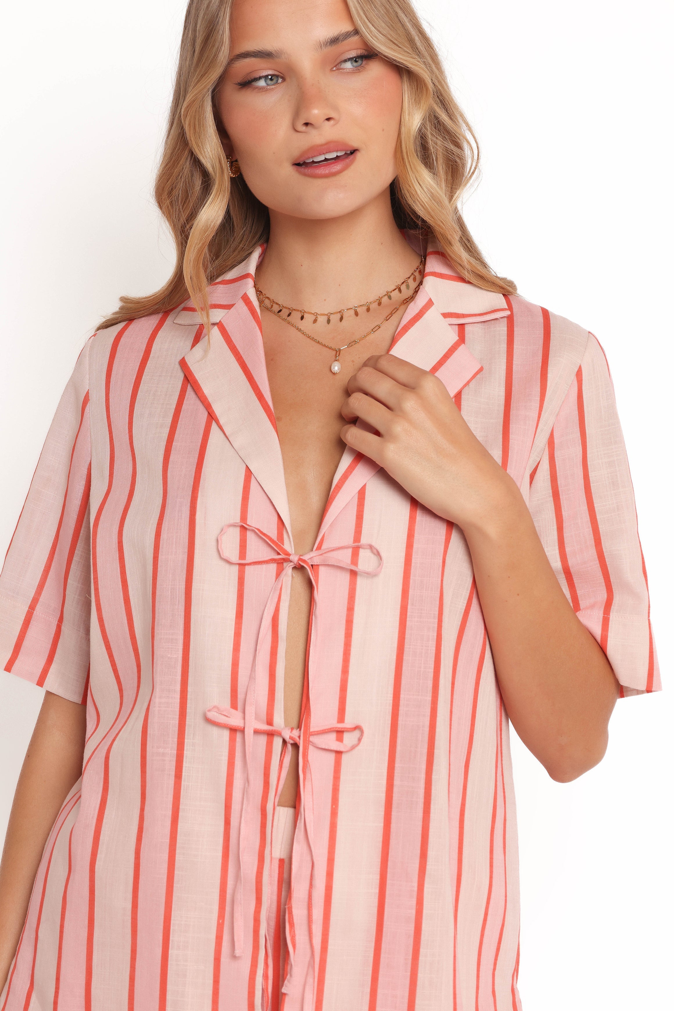 Aaliyah Tie Front Top - Pink Stripe
