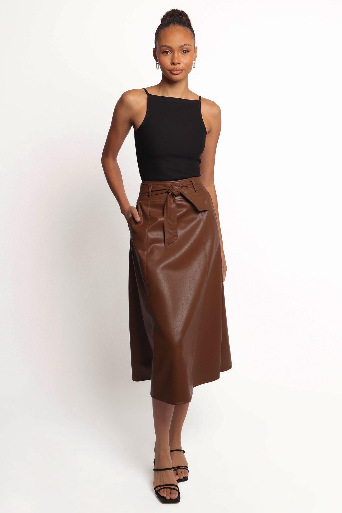 Adaline Faux Leather Midi Skirt - Brown