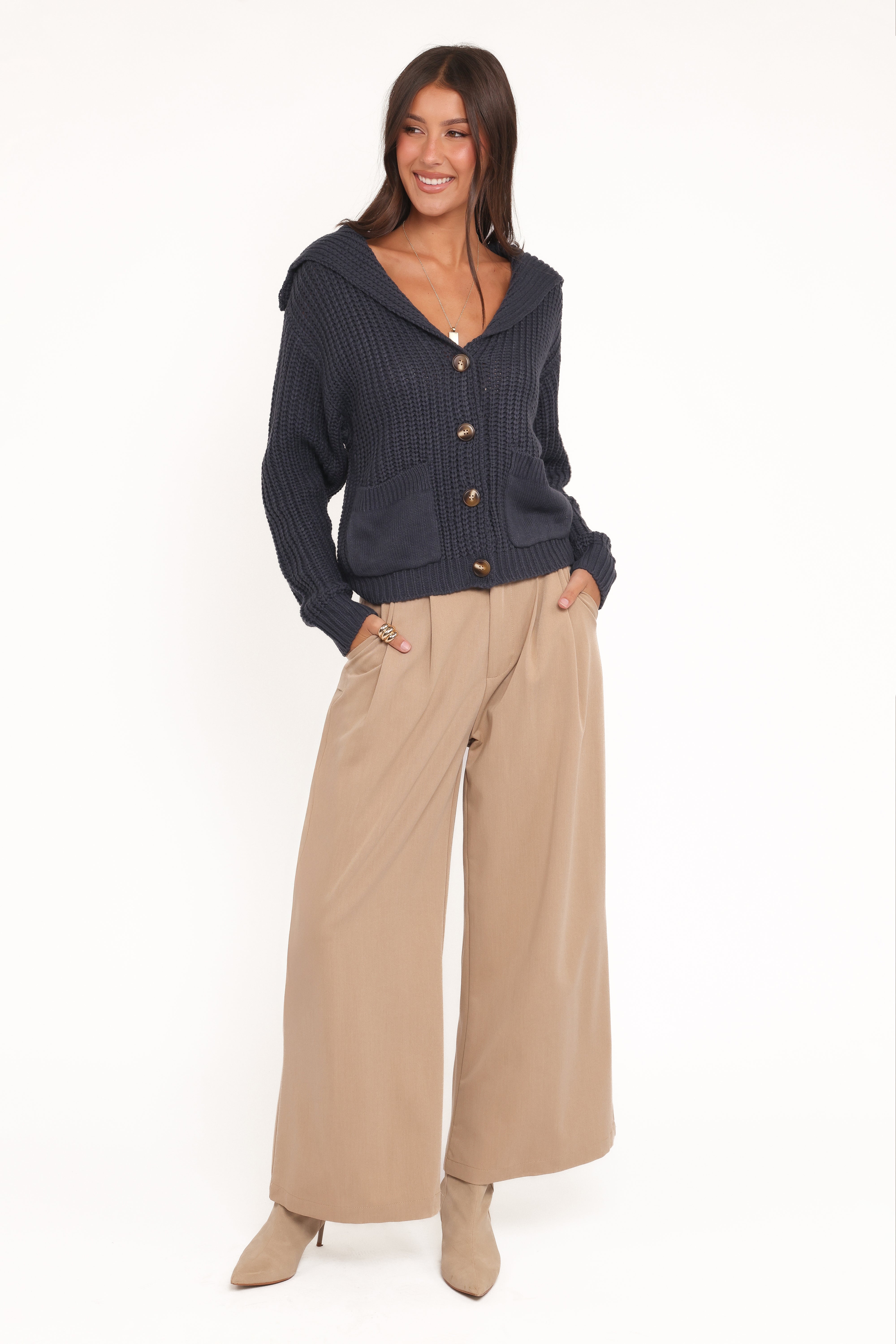 Amelia Oversize Collar Button Cardigan - Navy