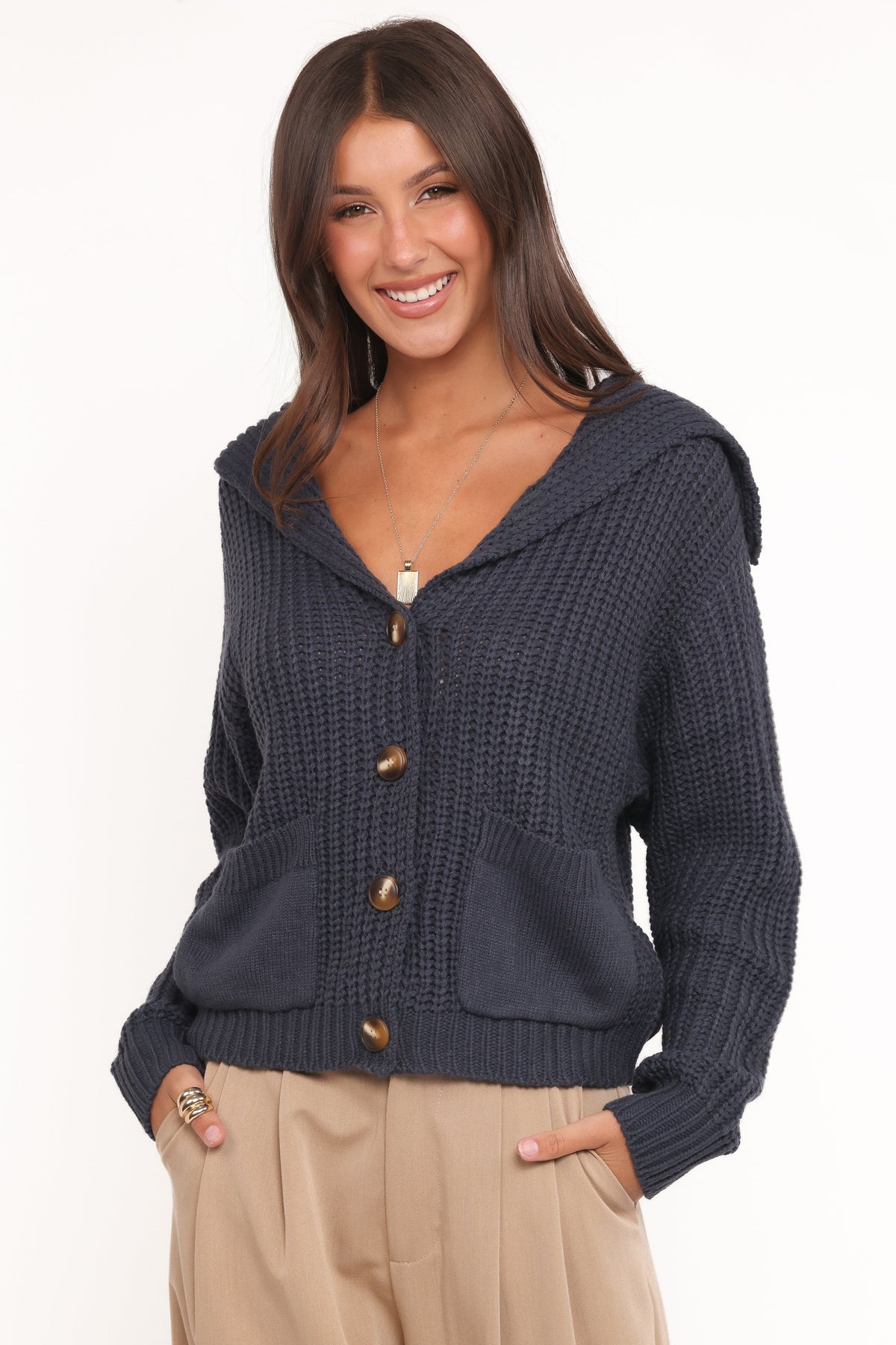 Amelia Oversize Collar Button Cardigan - Navy