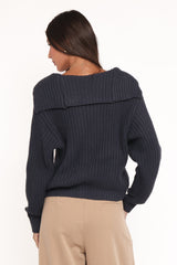 Amelia Oversize Collar Button Cardigan - Navy