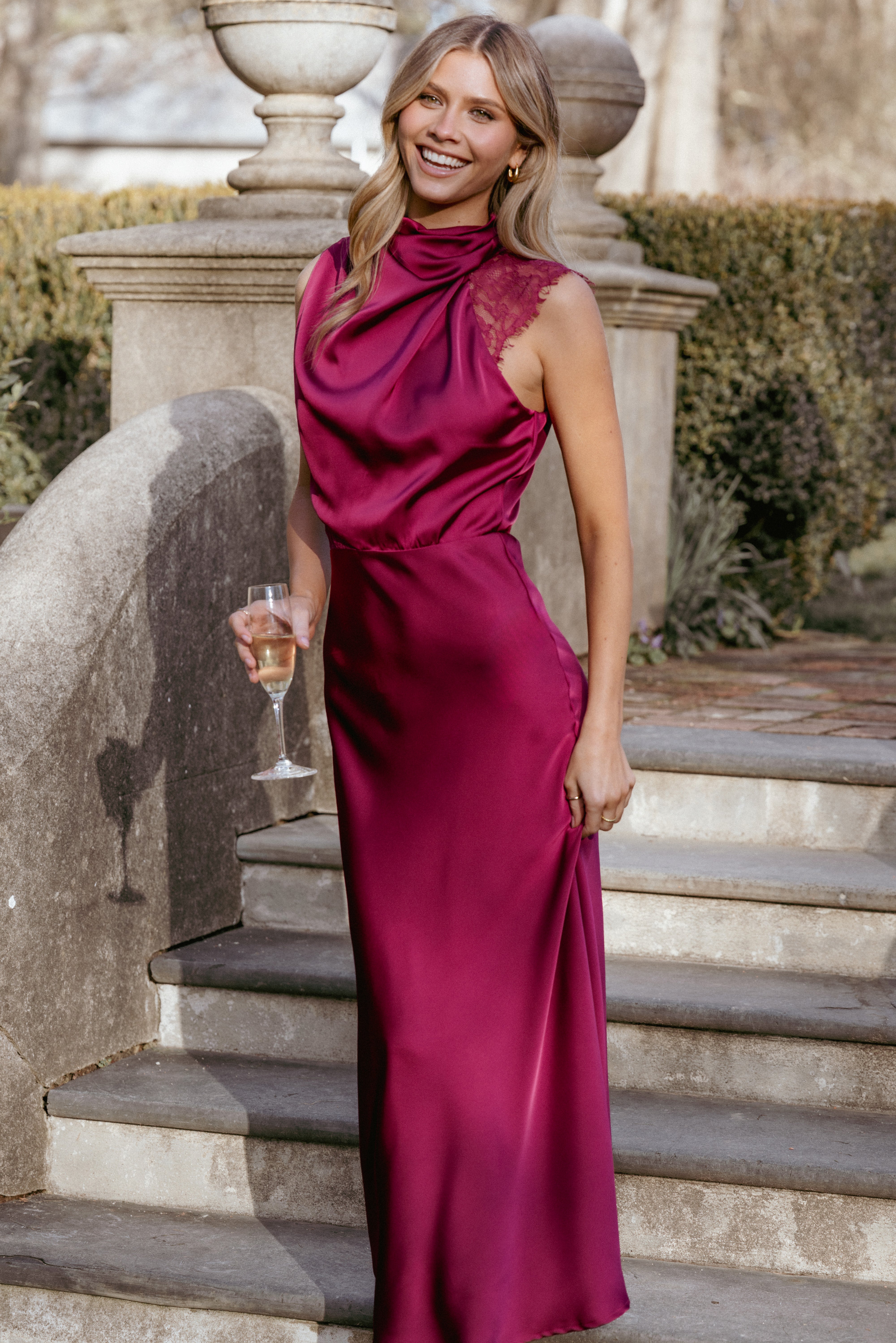 Anabelle Halter Neck Lace Maxi Dress - Berry