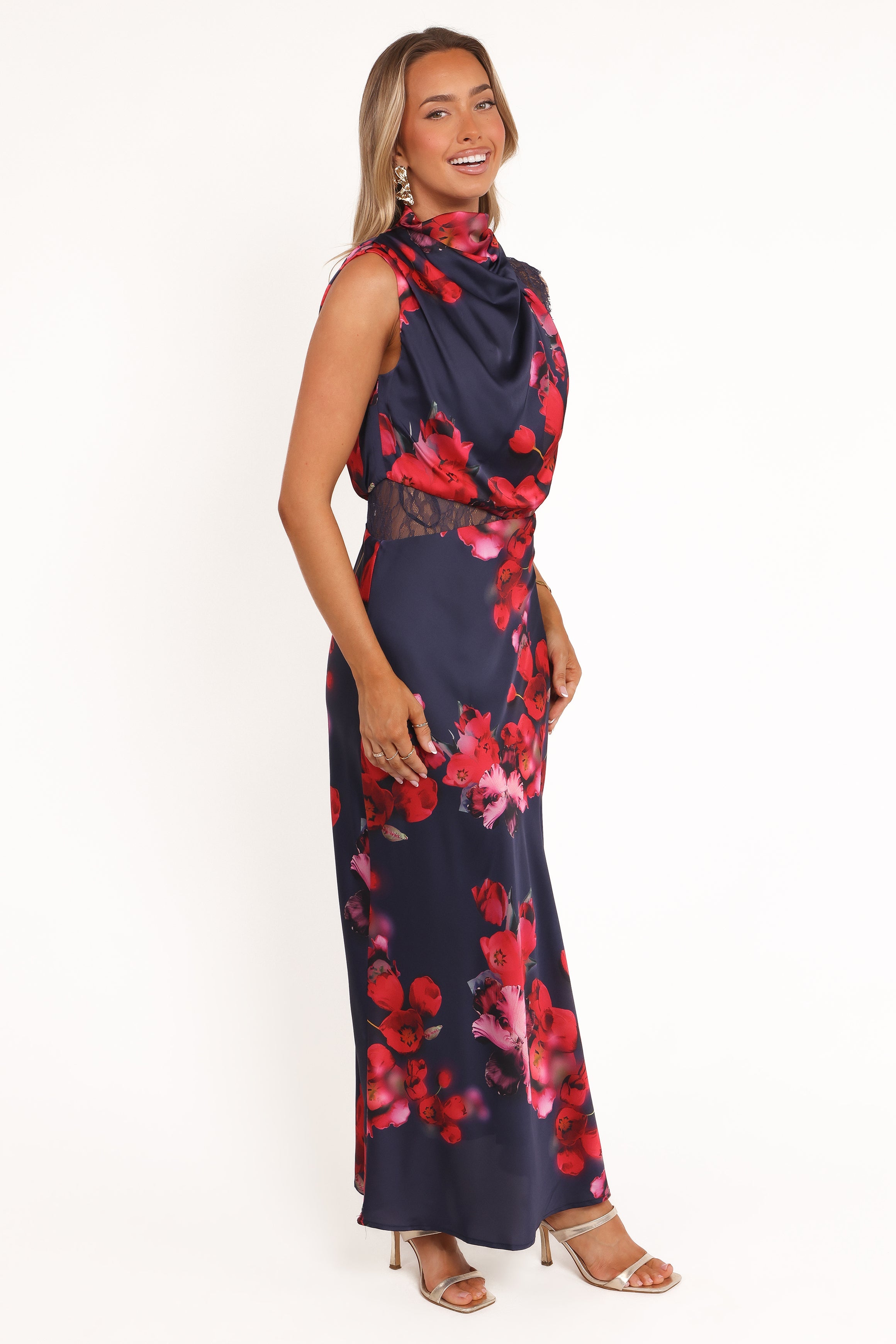Anabelle Halter Neck Lace Maxi Dress - Navy Floral