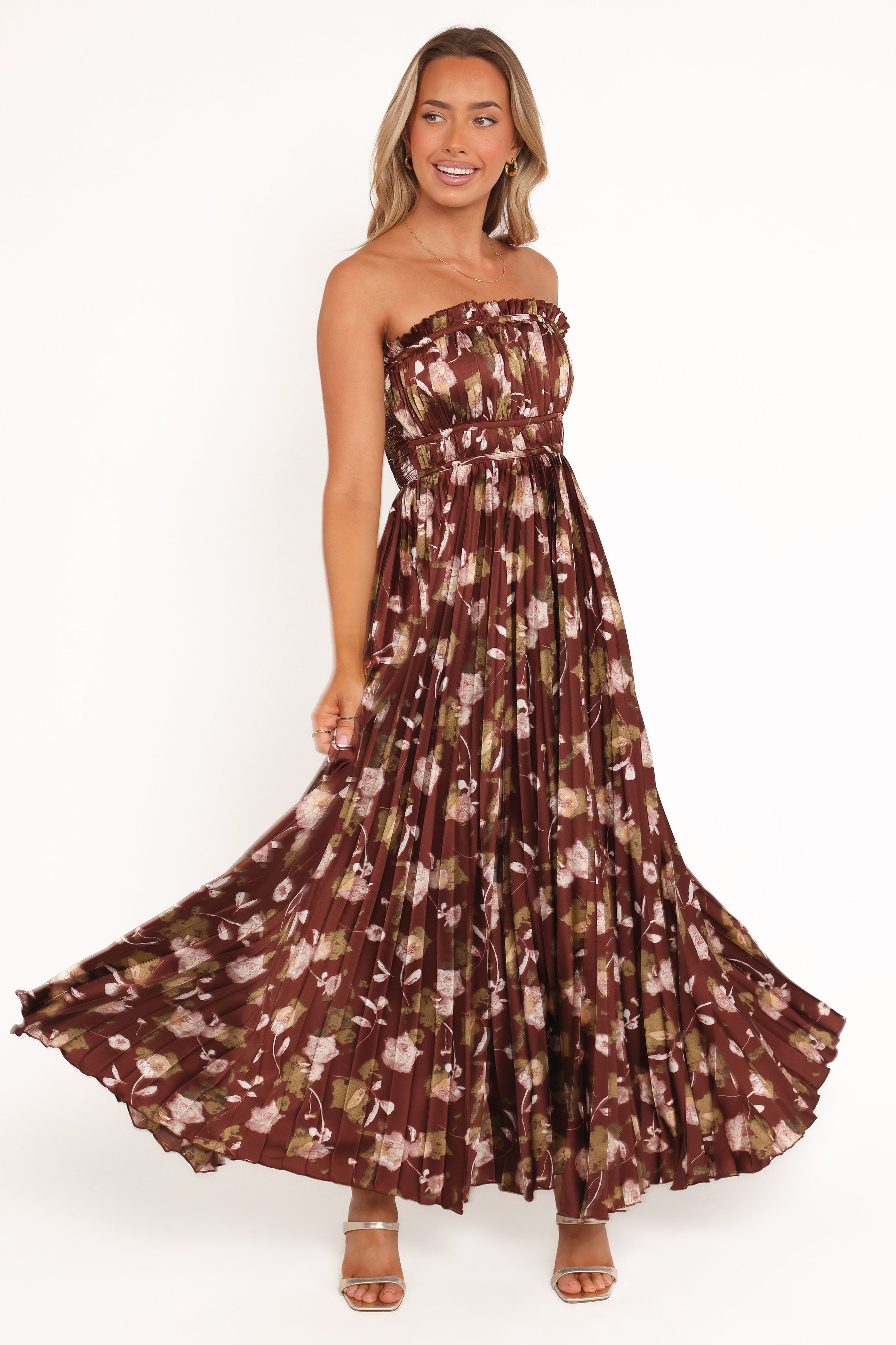Angelique Strapless Maxi Dress - Brown Floral