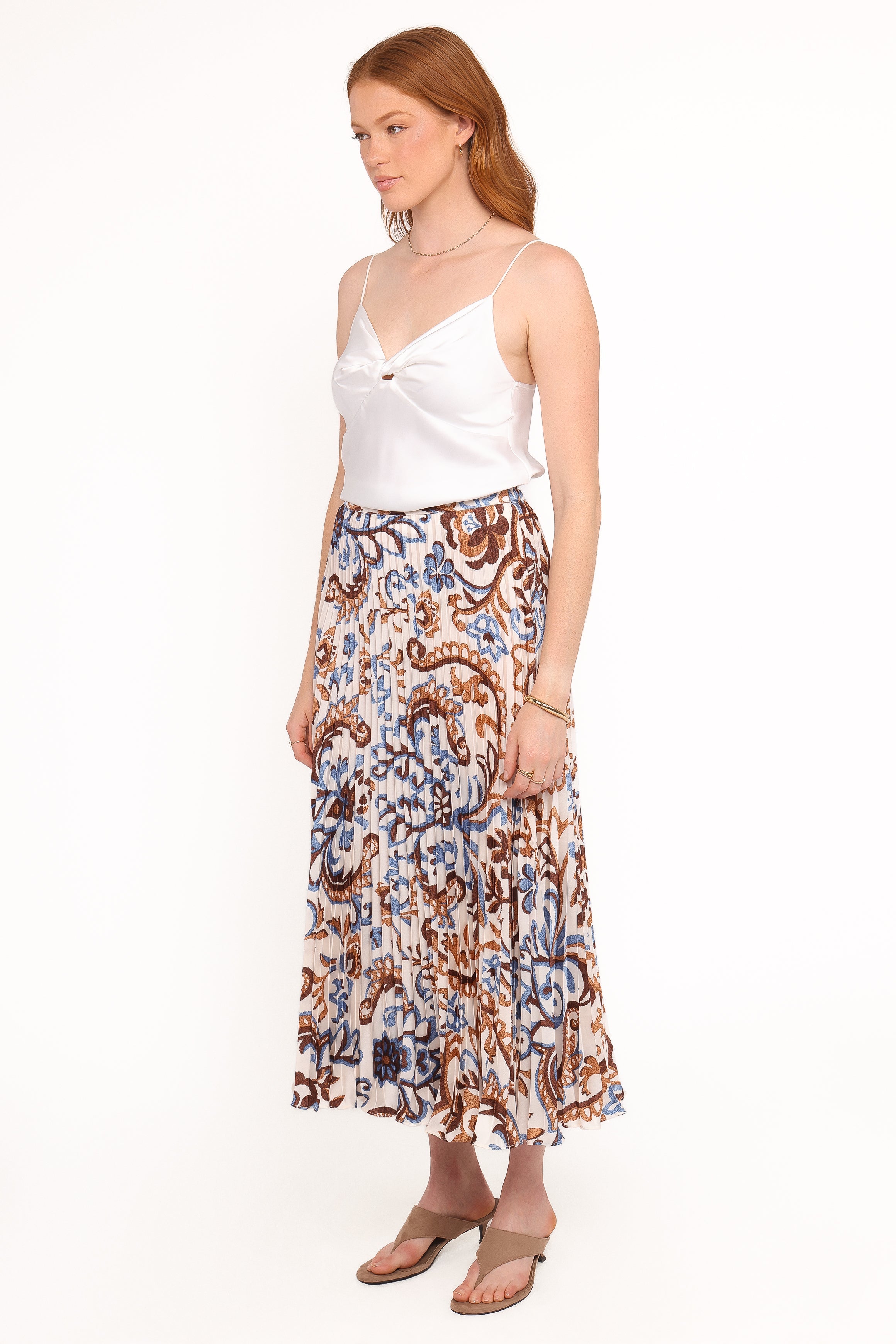 Aoife Pleated Midi Skirt - Ivory Brown Blue