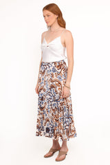 Aoife Pleated Midi Skirt - Ivory Brown Blue