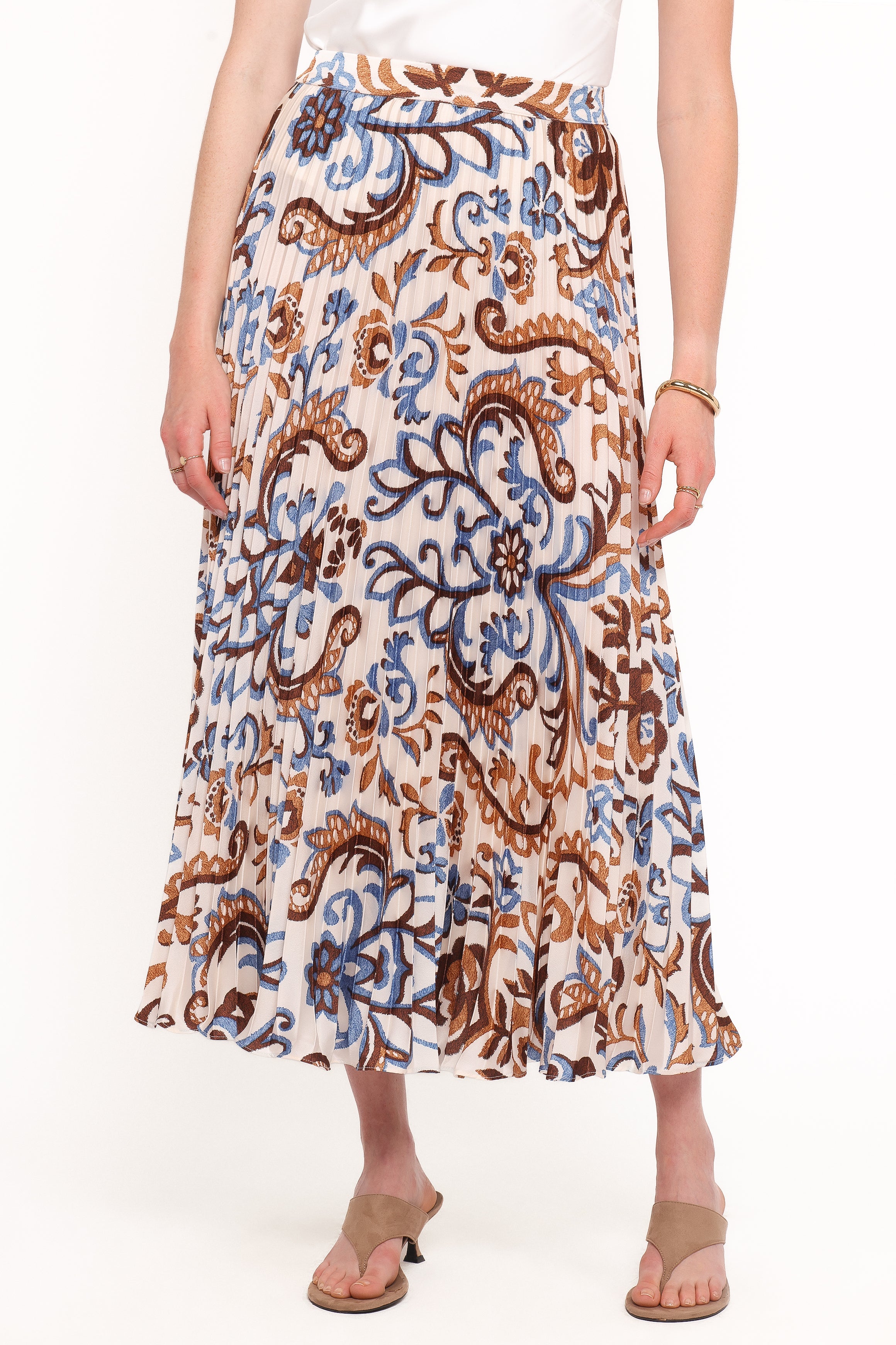 Aoife Pleated Midi Skirt - Ivory Brown Blue