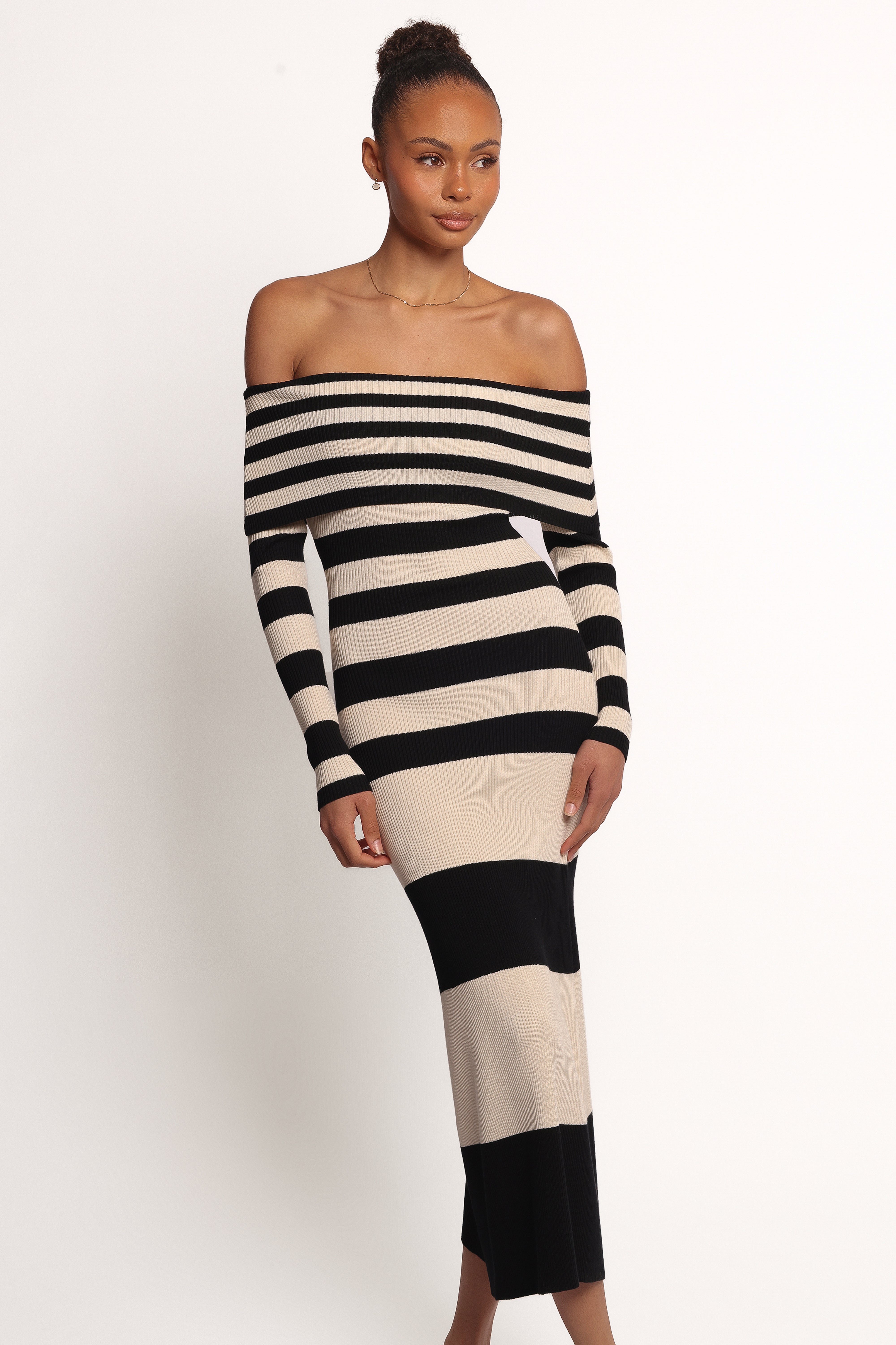 Banks Off Shoulder Knit Dress - Black Cream Stripe