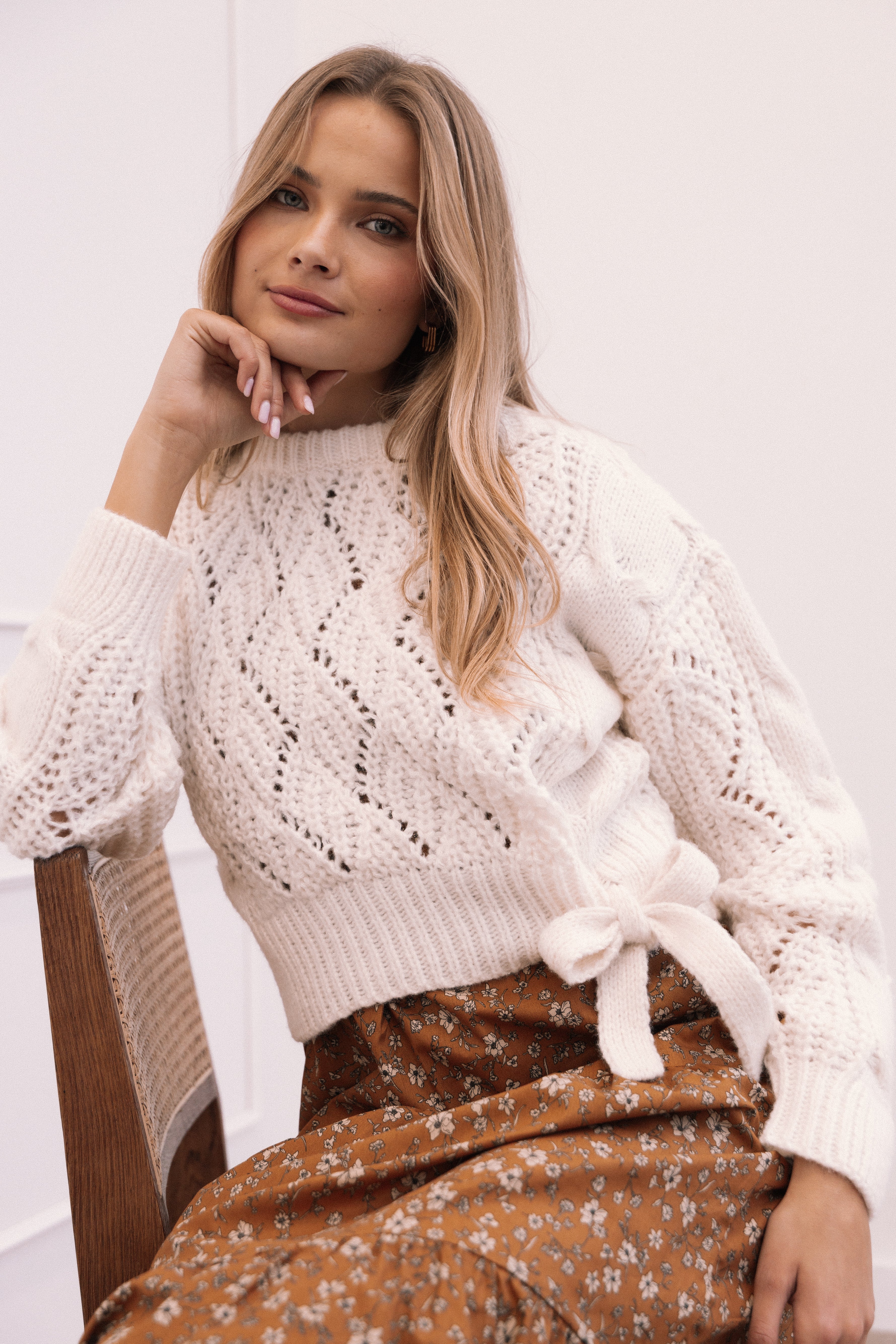 Birdie Tie Side Knit Sweater - Cream