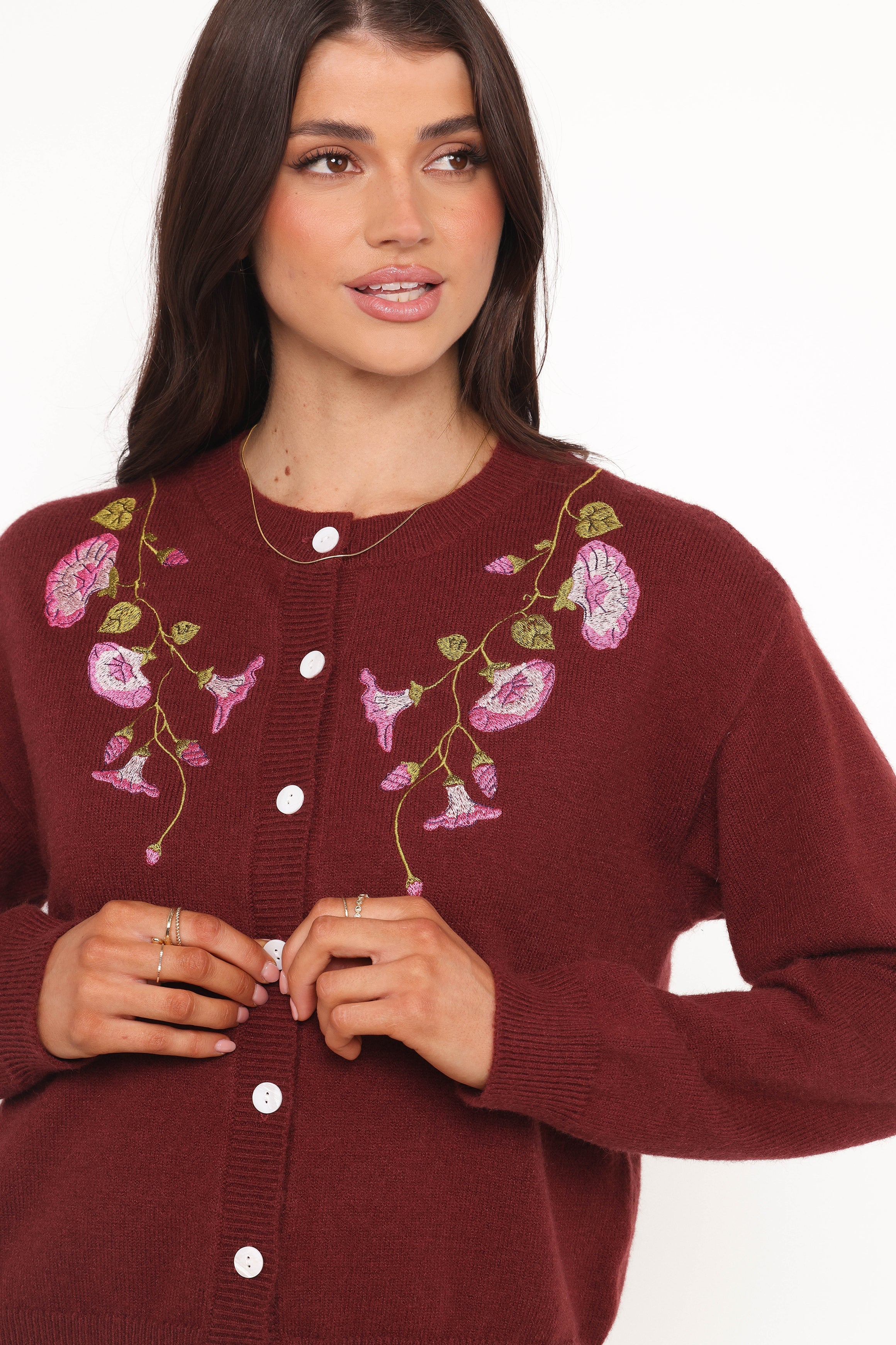Brittany Placed Embroidery Flower Cardigan - Burgundy
