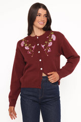 Brittany Placed Embroidery Flower Cardigan - Burgundy