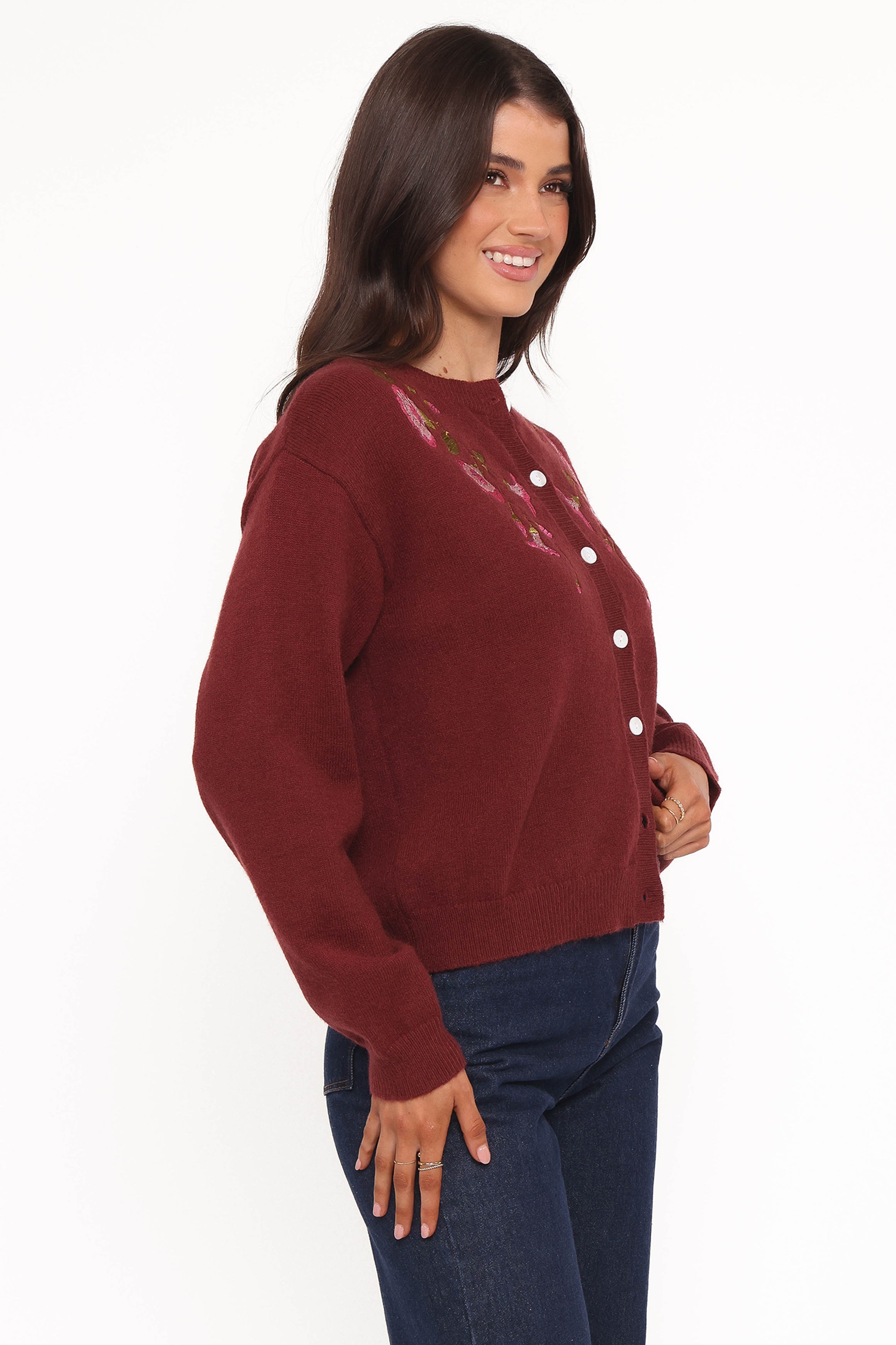 Brittany Placed Embroidery Flower Cardigan - Burgundy