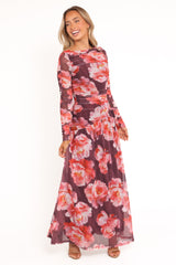 Calypso Long Sleeve Maxi Dress - Burgundy Peony