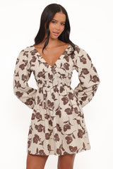 Cambria Long Sleeve Mini Dress - Brown/White