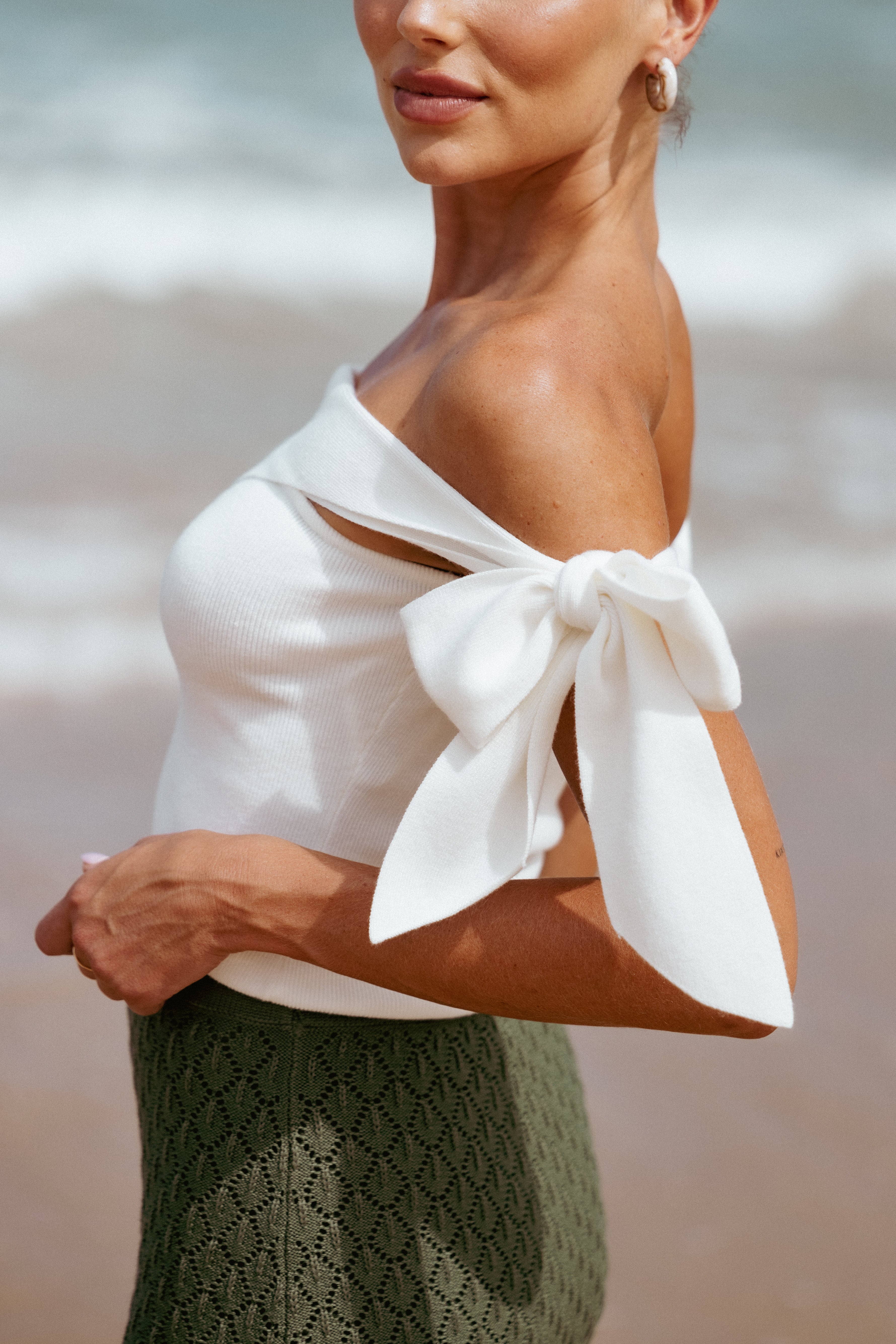 Charama Off Shoulder Knit Top - White