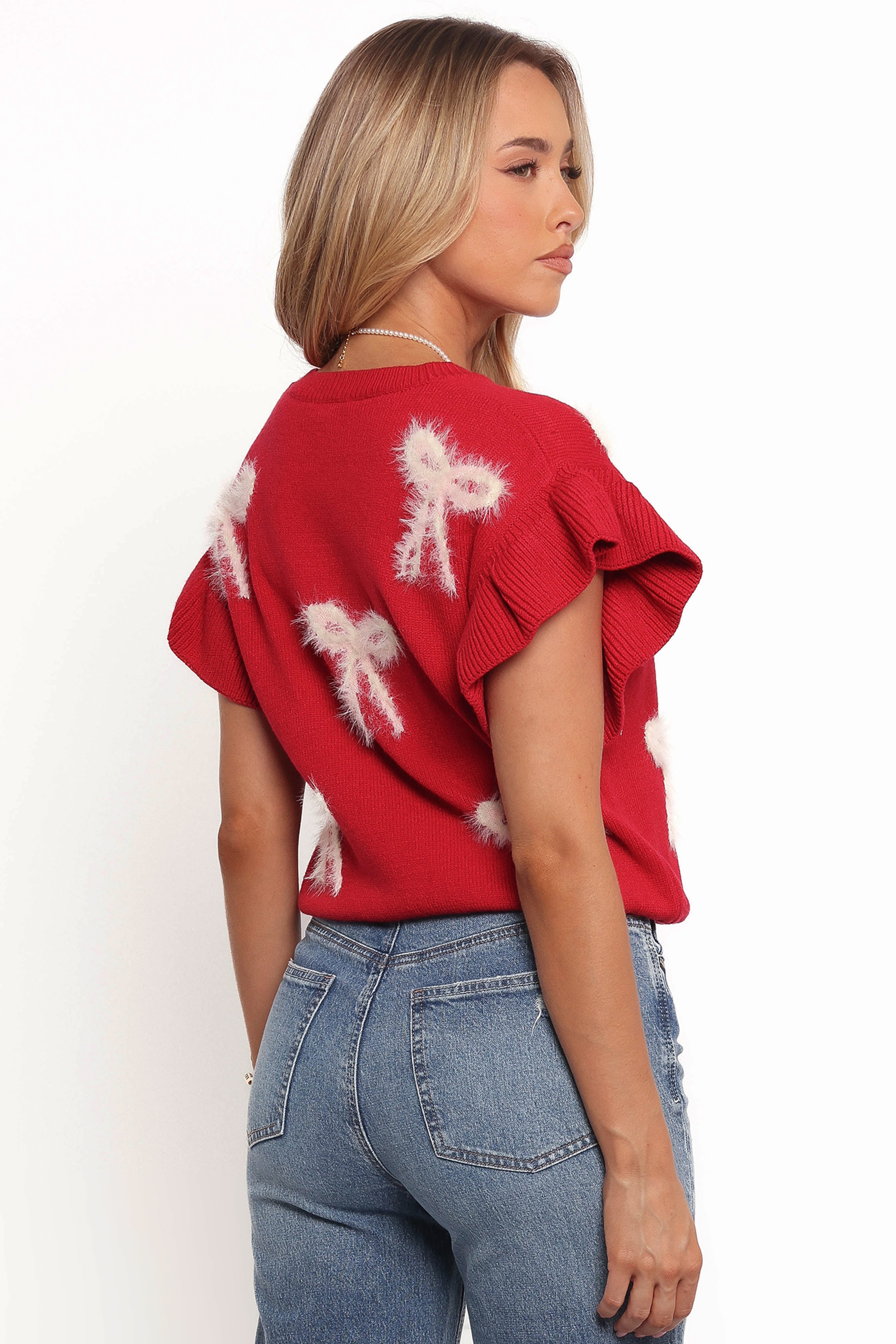Cherish Ruffle Sleeve Bow Knit Sweater - Red