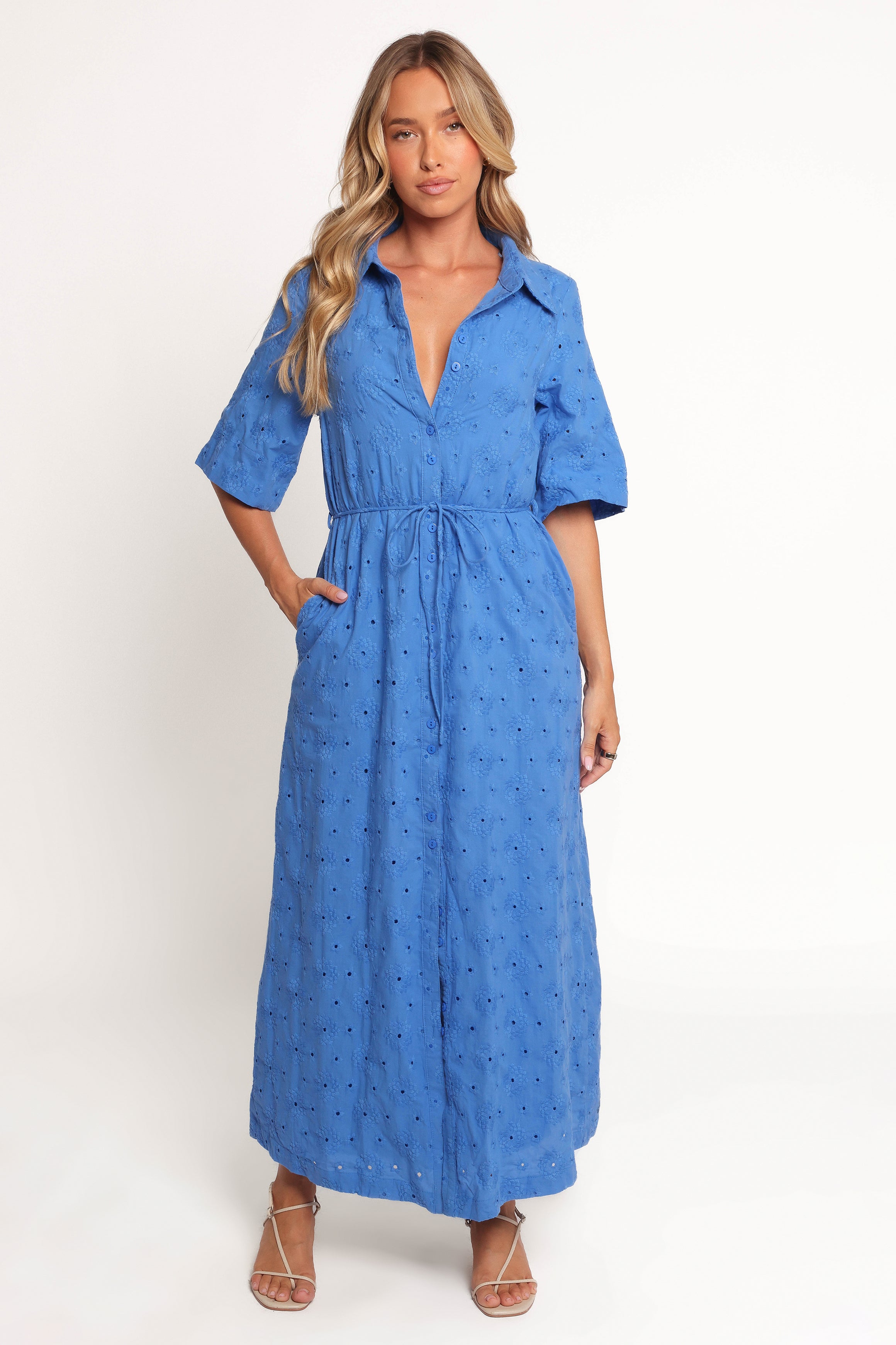 Cooper Embroidered Button Through Midi Dress - Cobalt