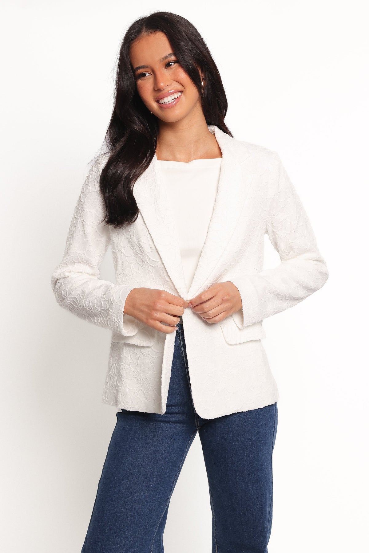 Darian Lace Knit Single Button Blazer - Off White