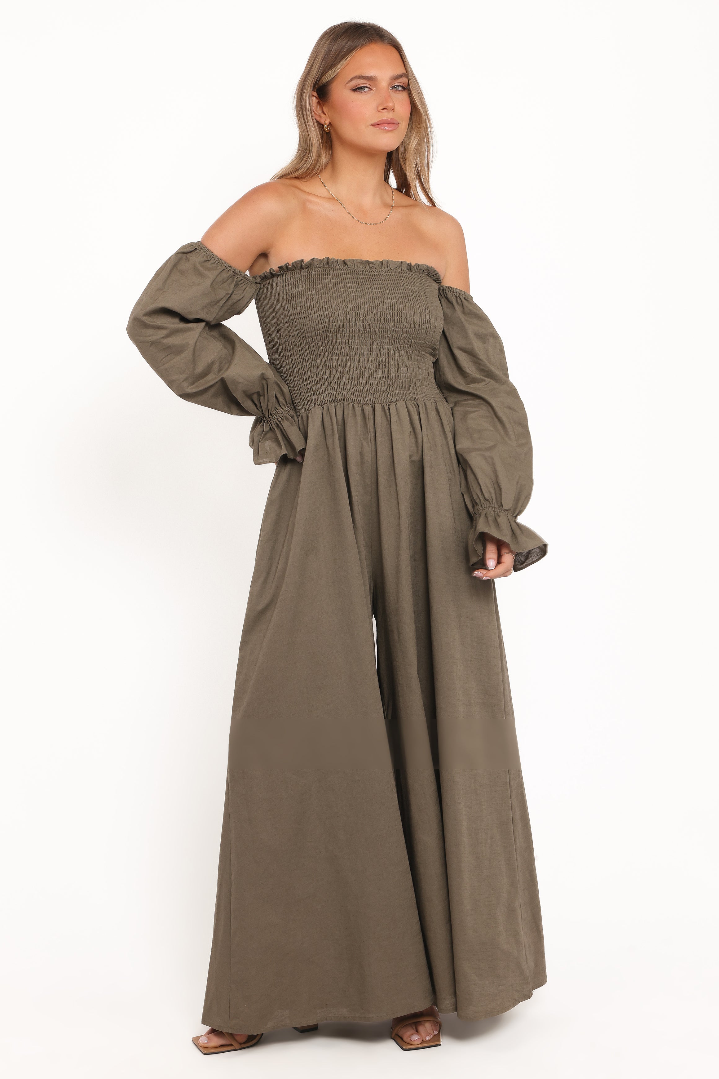 Domenica Shirred Long Sleeve Jumpsuit - Olive