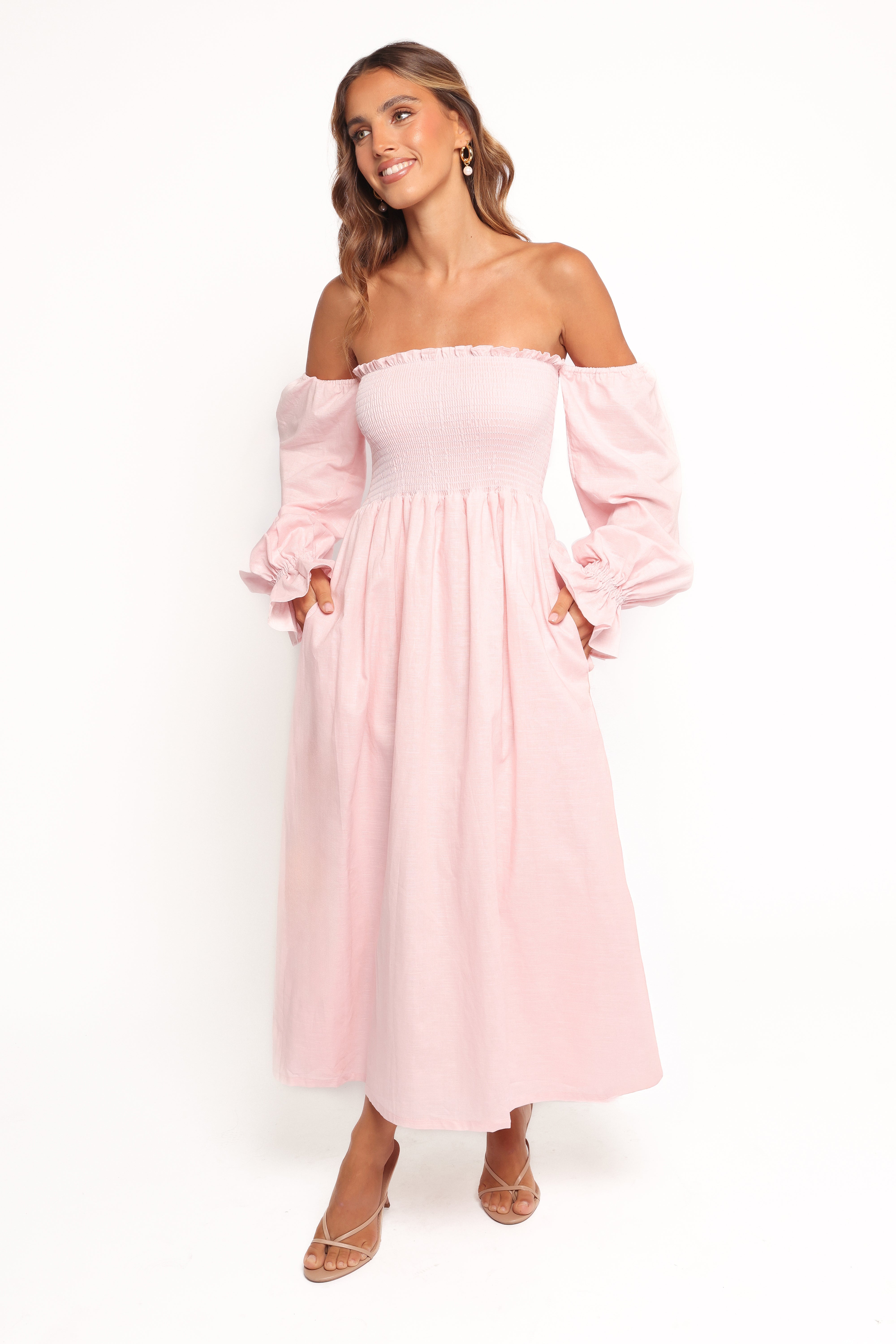 Domenica Shirred Long Sleeve Midi Dress - Pink