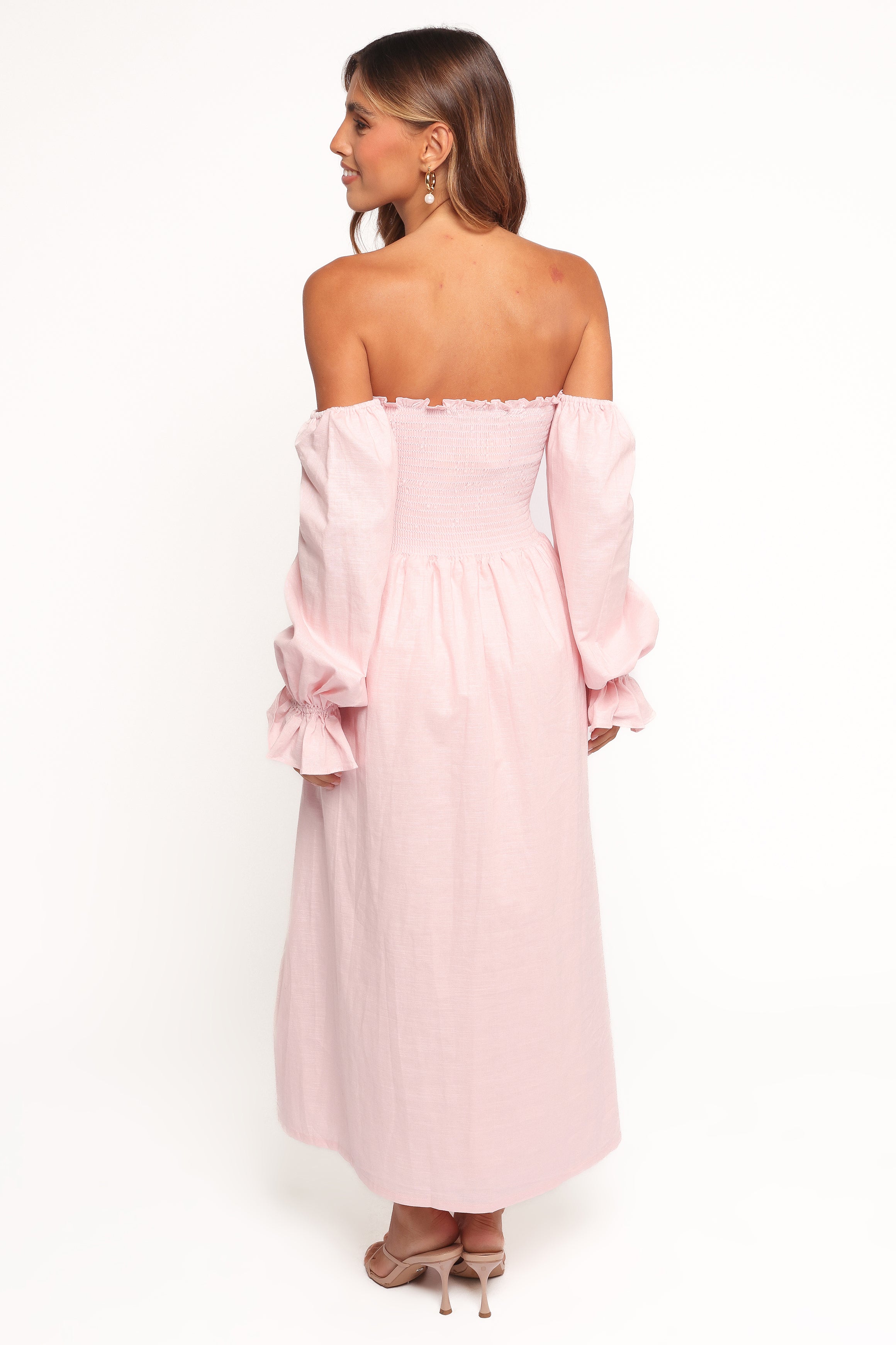 Domenica Shirred Long Sleeve Midi Dress - Pink