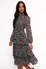 Edwina Shirred Frill Long Sleeve Midi Dress - Black Floral