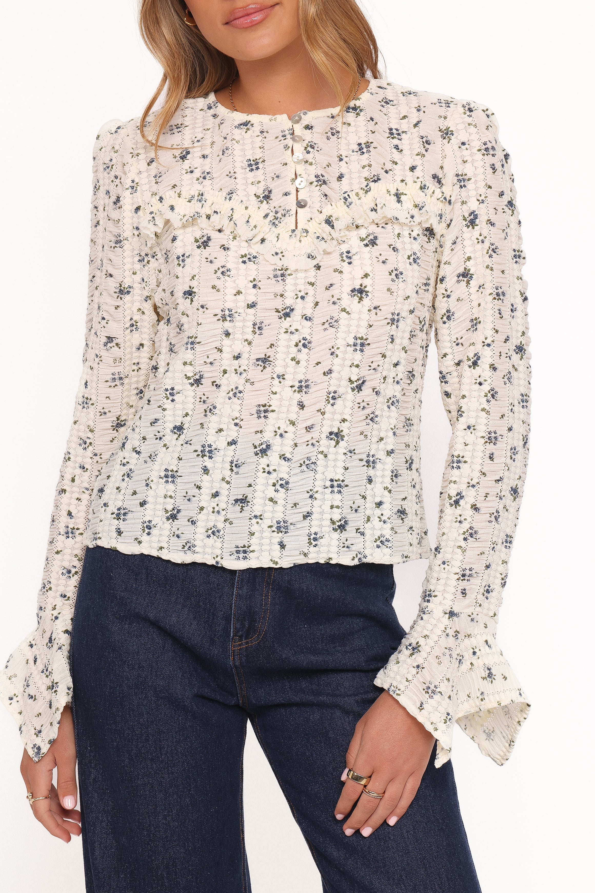 Eira Textured Ruffle Top - Cream Blue Floral