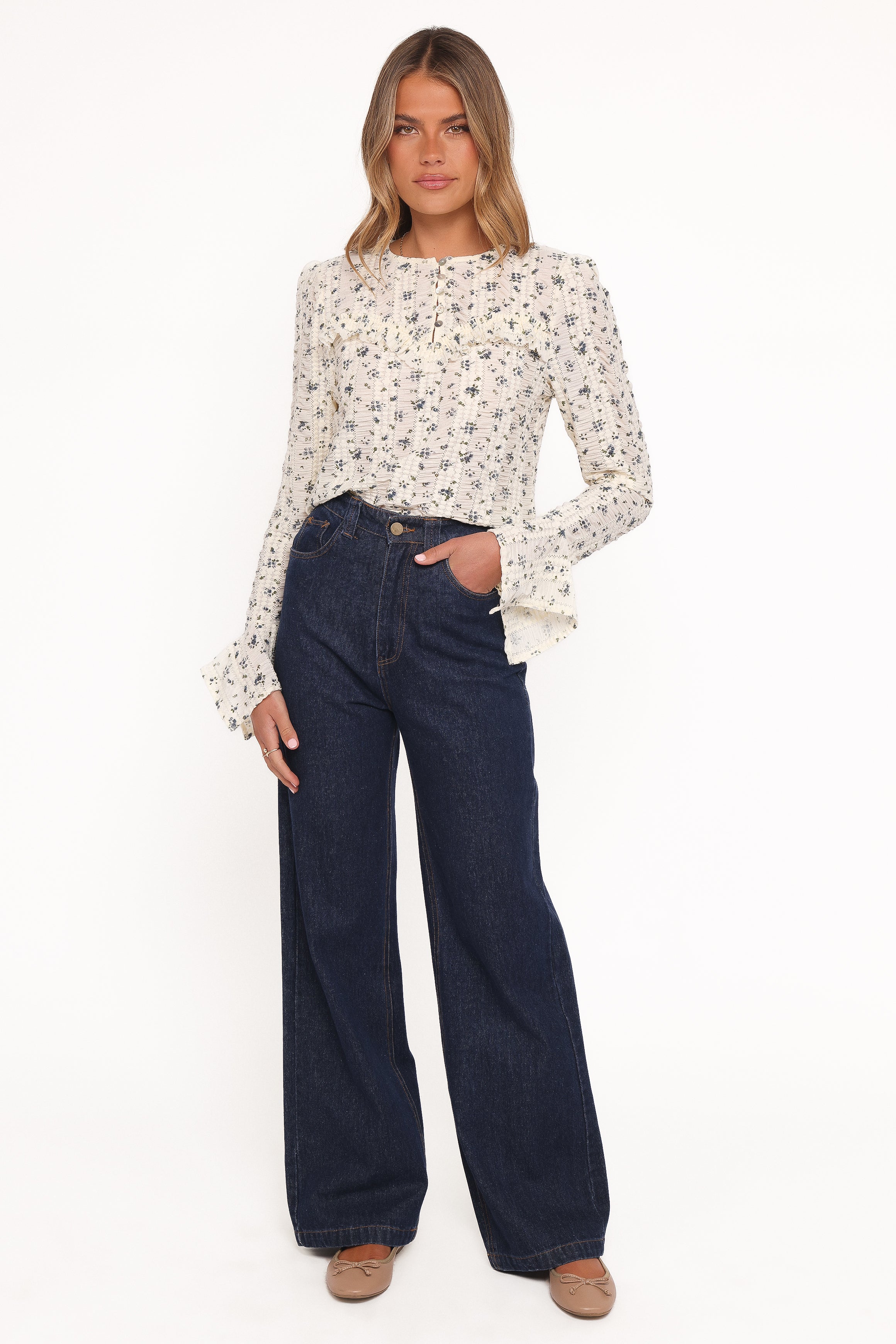 Eira Textured Ruffle Top - Cream Blue Floral