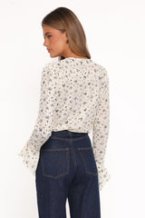 Eira Textured Ruffle Top - Cream Blue Floral