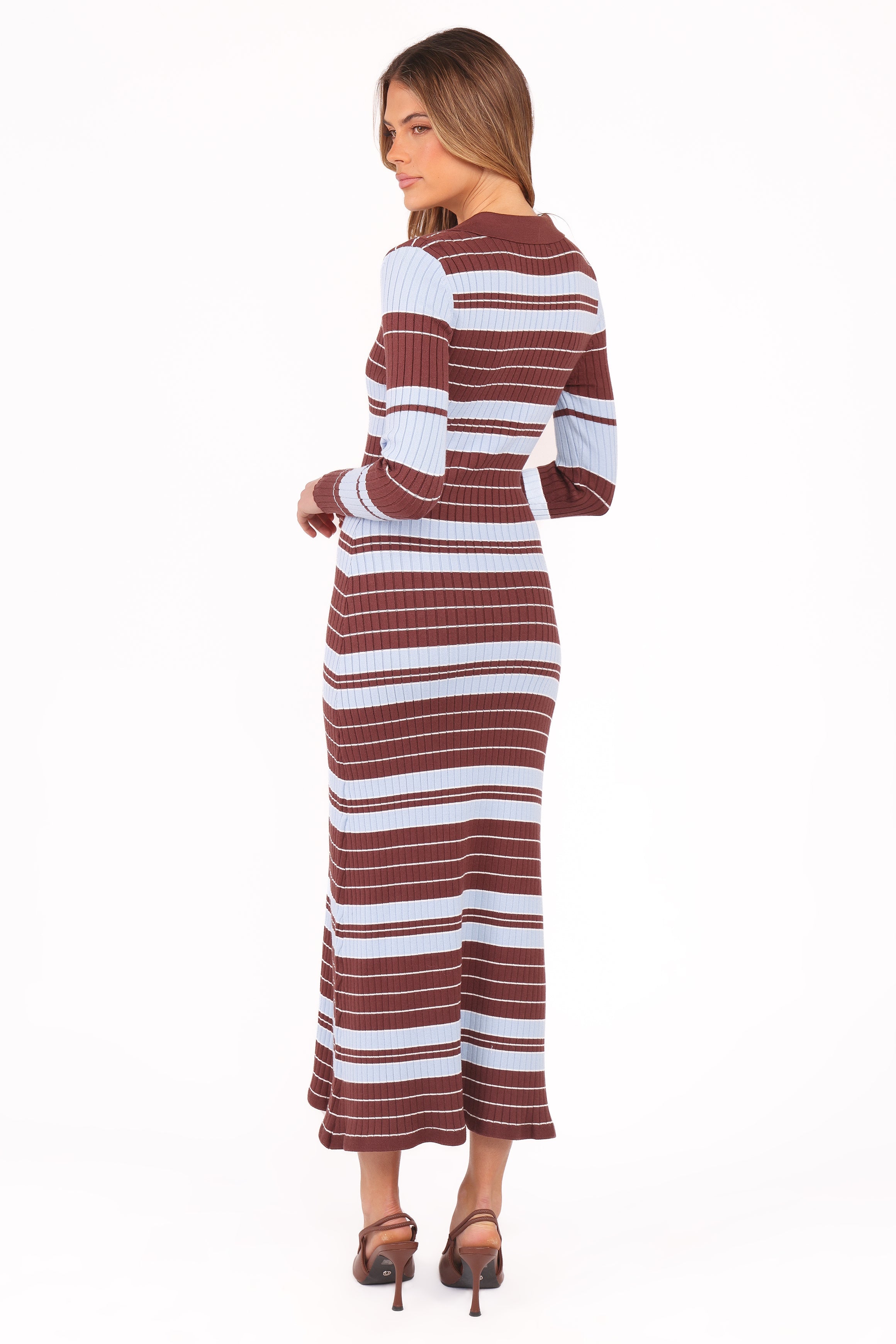Eliana Long Sleeve Midi Dress - Brown Blue Stripe