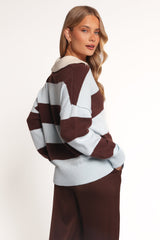 Mikaela Rugby Stripe Knit Sweater - Brown/Blue Stripe