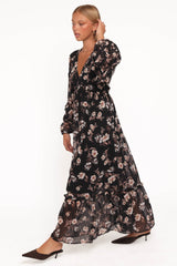 Evian Long Sleeve Maxi Dress - Black Floral