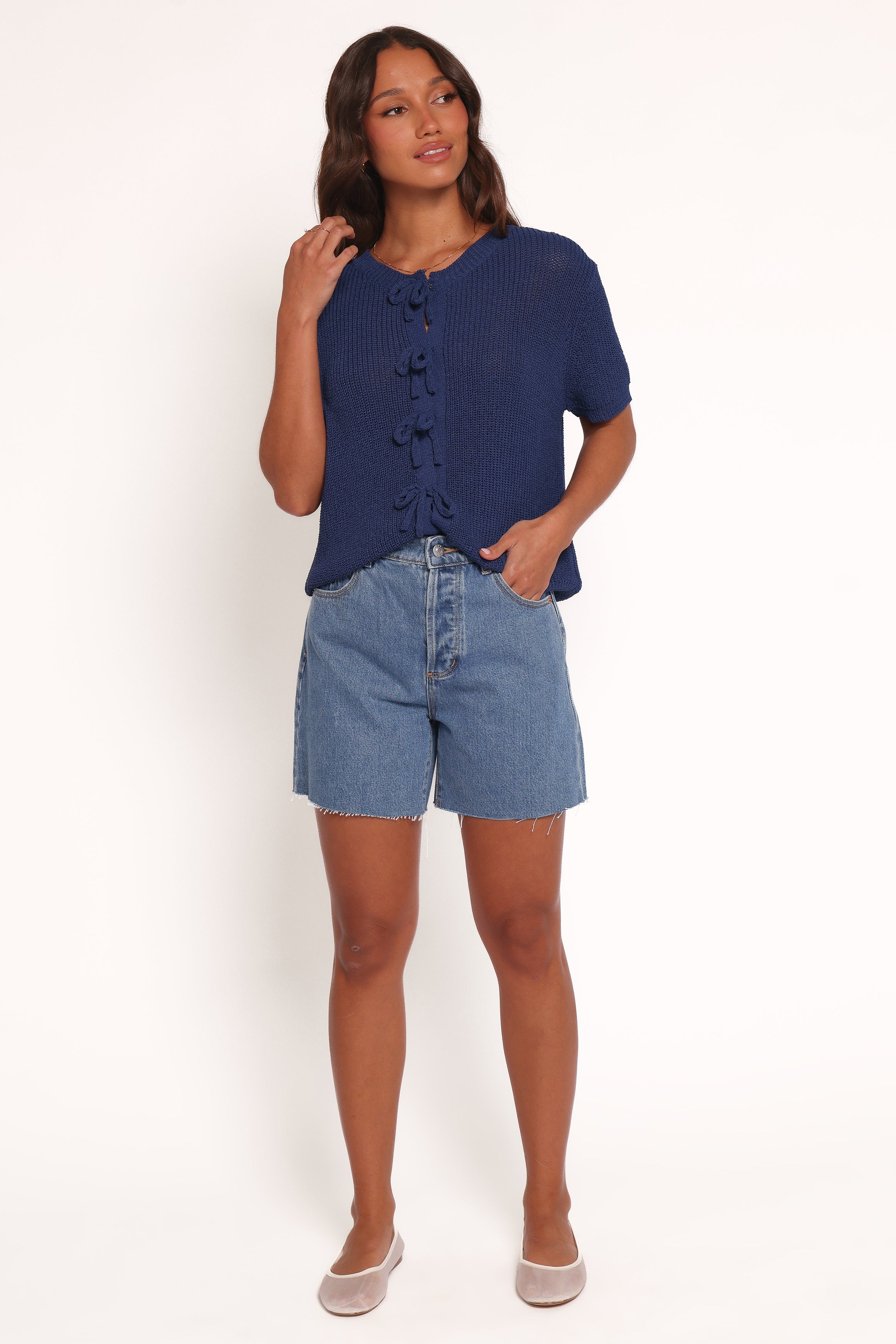 Gemma Short Sleeve Bow Cardigan - Navy