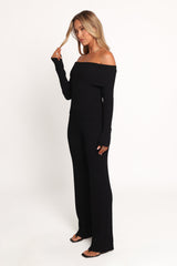 Gindie Ribbed Knit Off The Shoulder Pant Set - Black