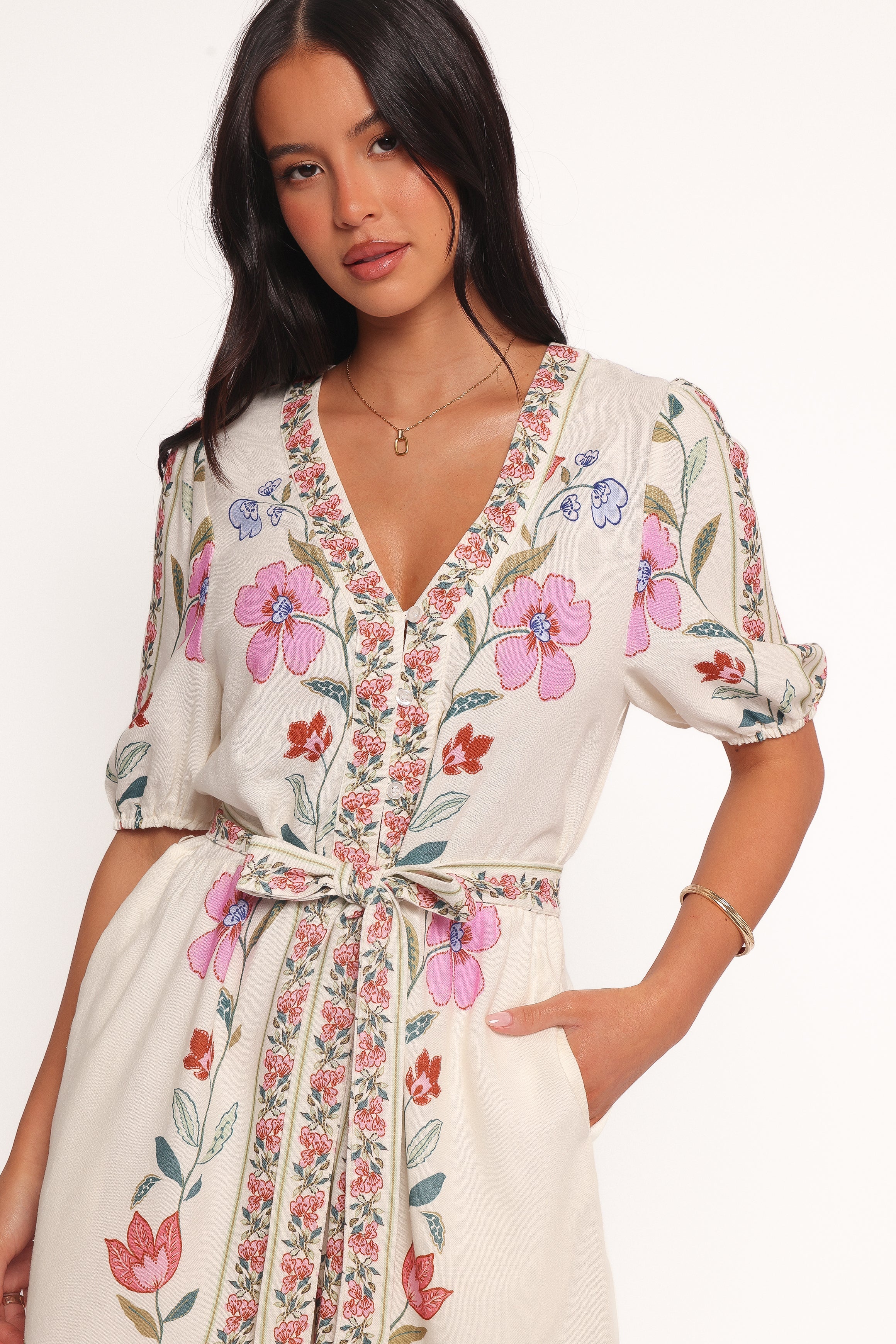 Ginger Tie Waist Romper - Pink Multi