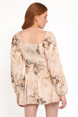 Greta Long Sleeve Romper - Beige Floral