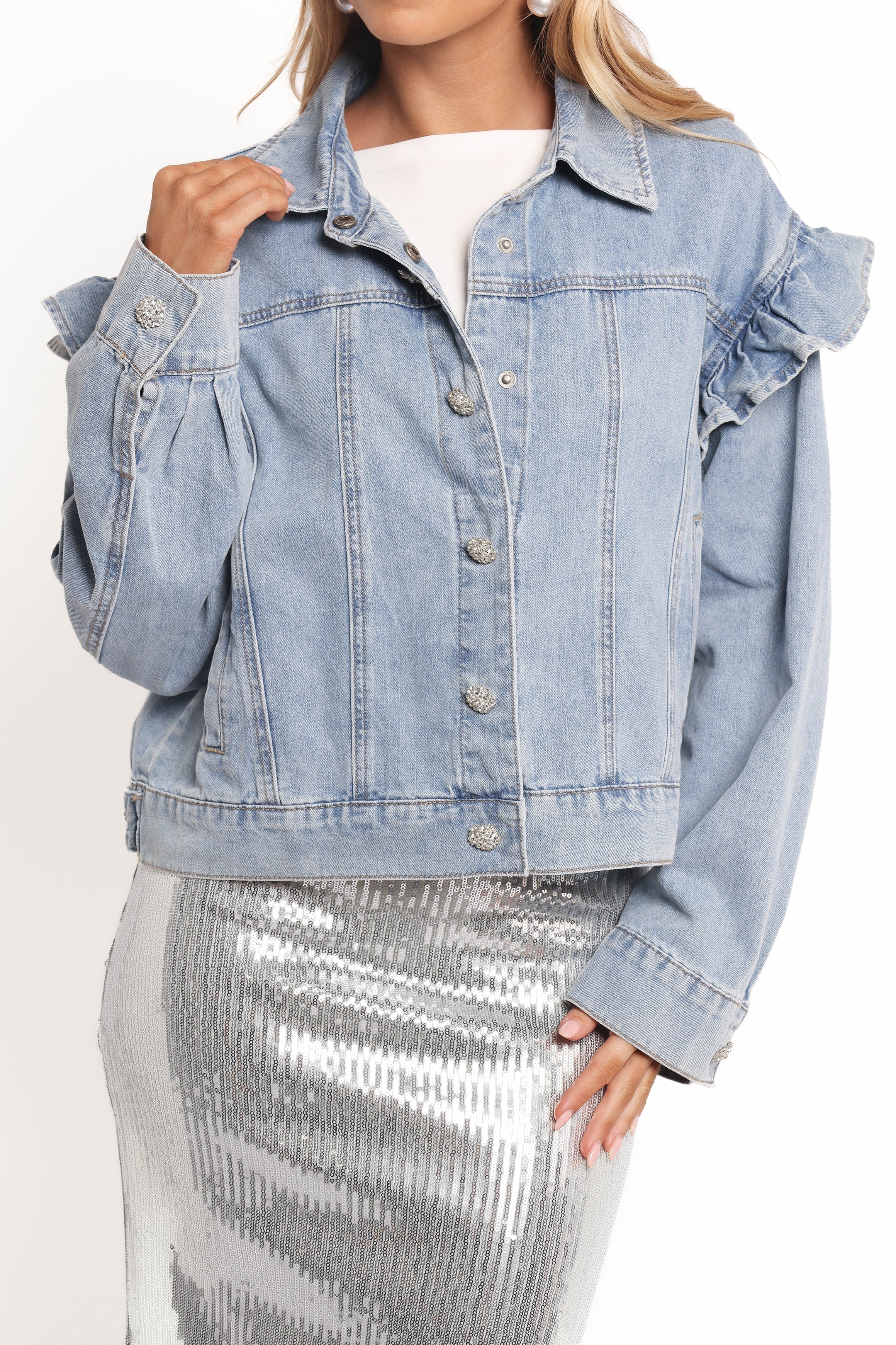 Hadley Ruffle Sleeve Denim Jacket - Mid Denim
