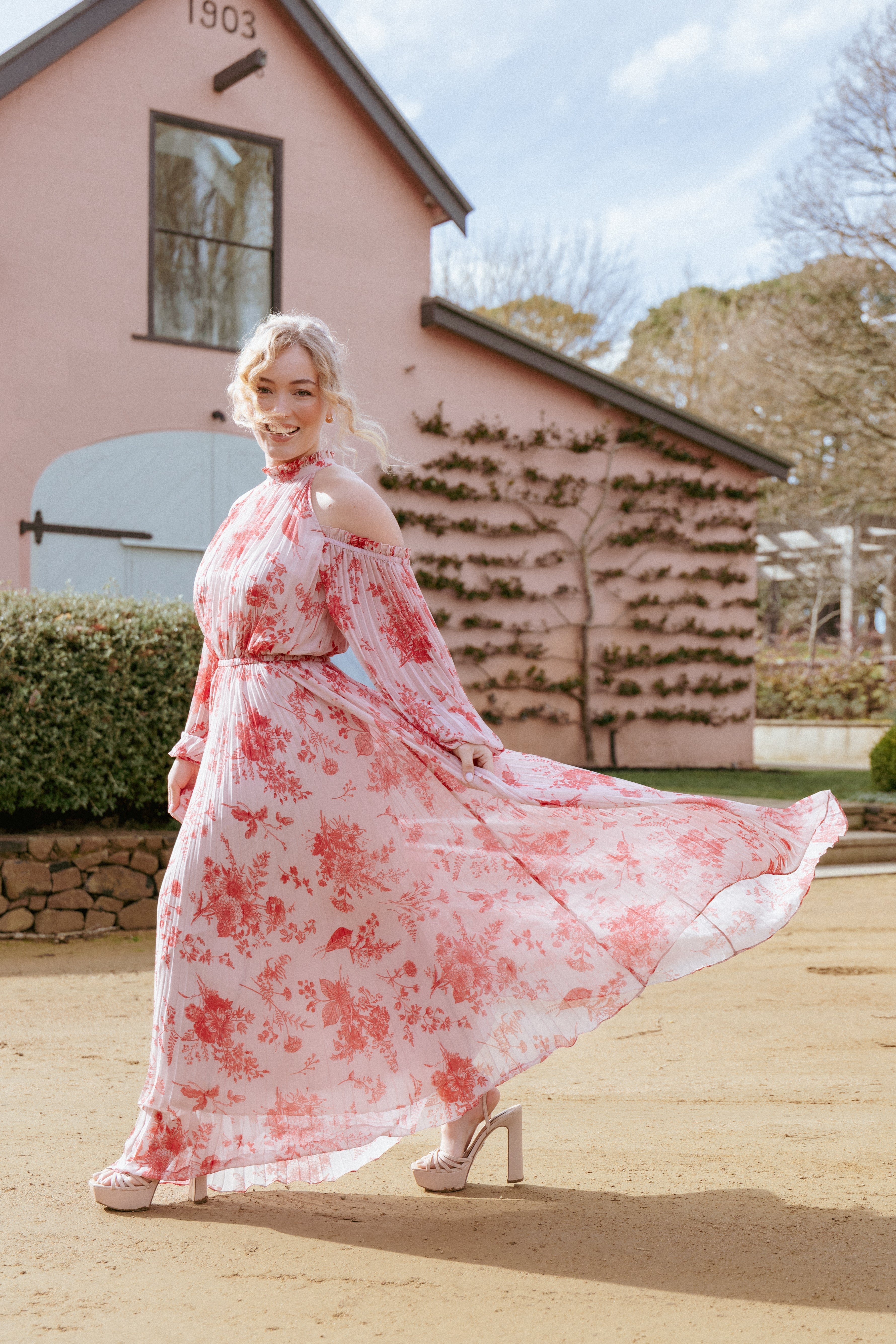 Hilary Pleated Maxi Dress - Red Floral