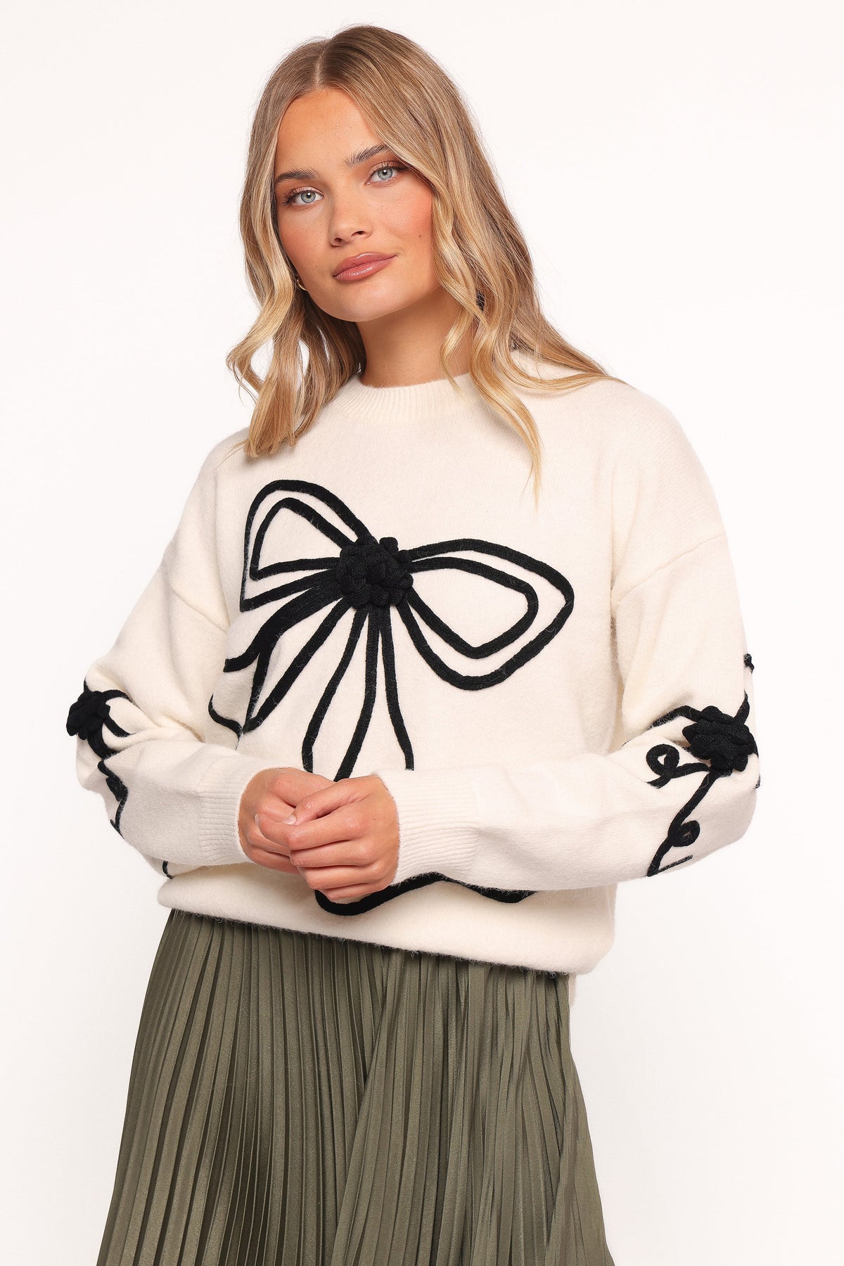 Isiora Bow Embroidered Knit Sweater - Cream