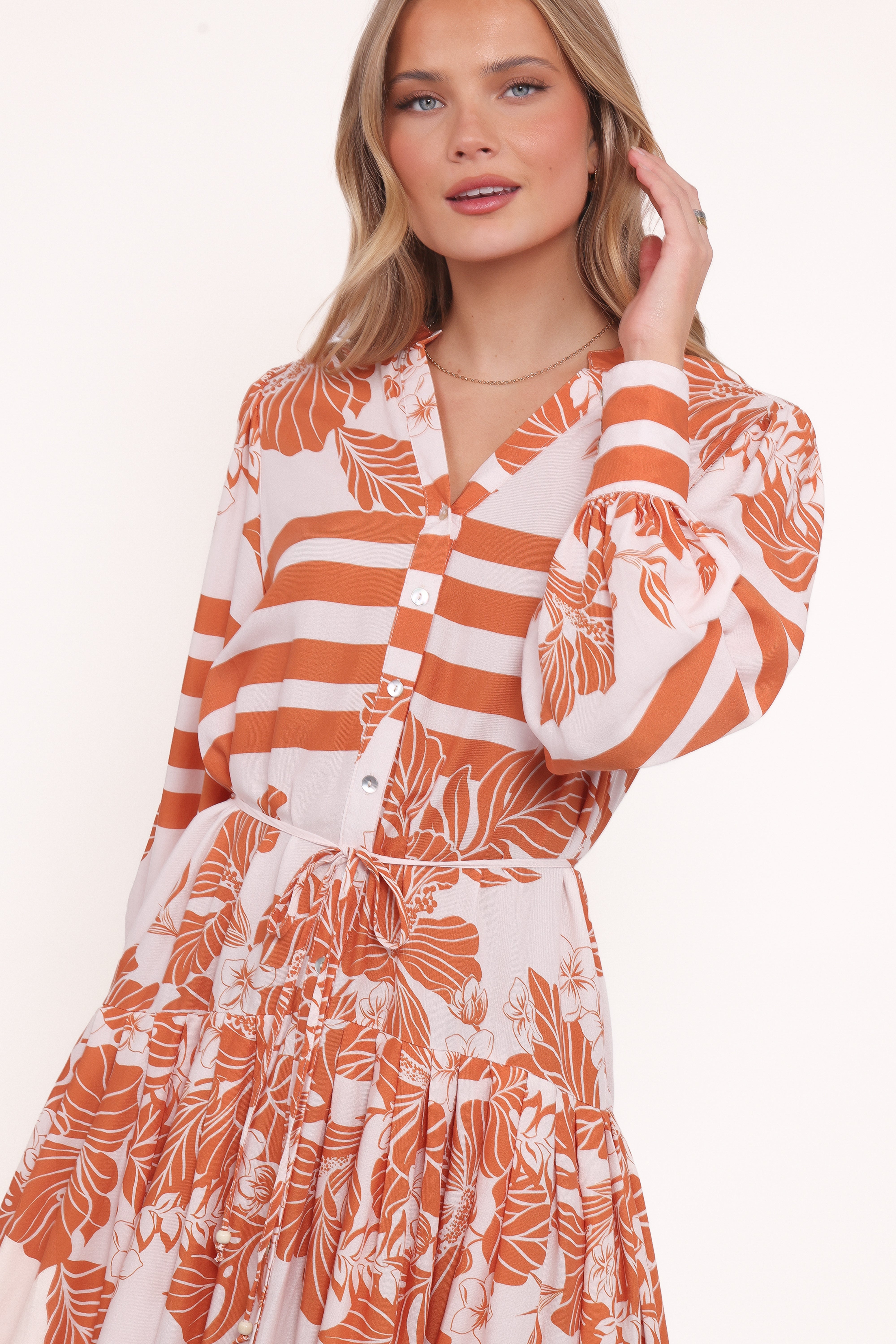 Jules Long Sleeve Dress - White/Orange