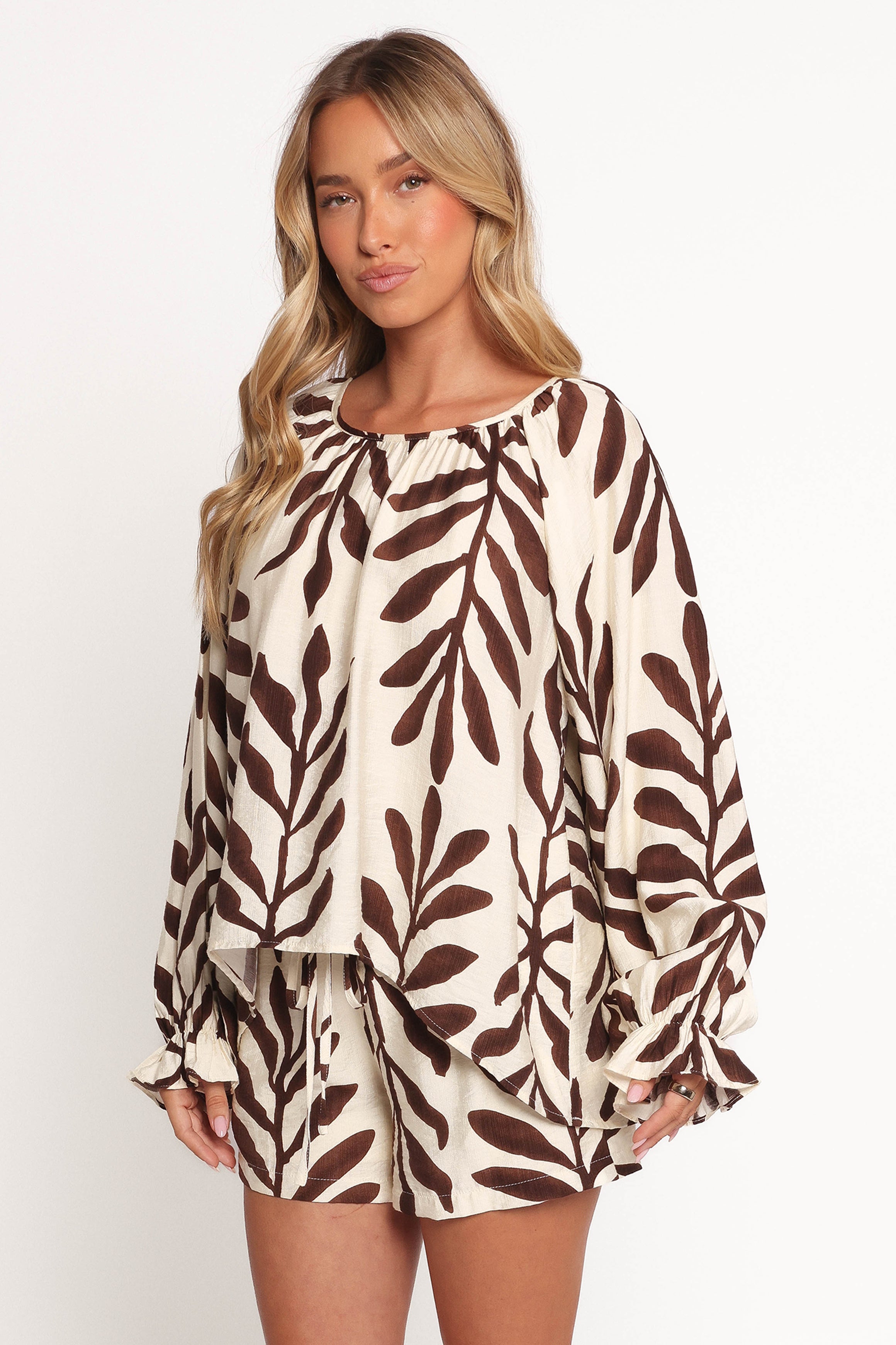July Long Sleeve Smock Top - Brown Palm